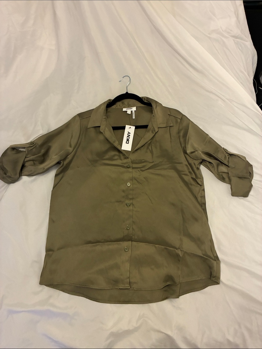 DKNY Olive Satin Roll-Sleeve Button Down Blouse